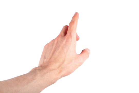 Human finger pointing up, pressing, tapping screen natural gesture isolated on white background, cut out. Interacting with ar media, showing something, choosing, augmented reality interaction concept