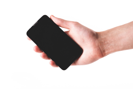 Simple modern smartphone held in hand, blank empty black screen. Object isolated on white background, cut out. Showing something on a mobile phone, holding out gesture. Matte shot, horizontal