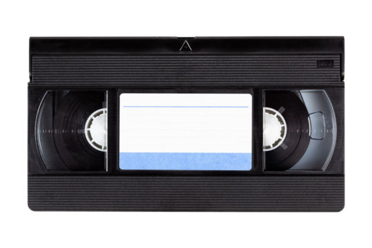 Old black vintage vhs cassette tape front with a blank paper label, front side, top view isolated on white, cut out 80s, 90s retro media aesthetic, magnetic videotape movie storage concept studio shot