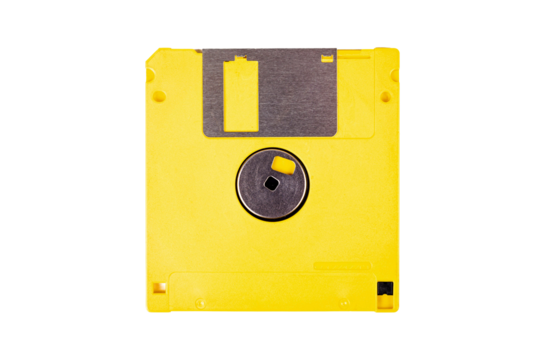 Single yellow floppy drive, old vintage diskette, asset isolated on white background, top view. Save icon concept, obsolete tech, data storing device
