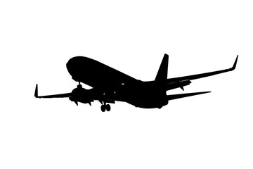 Black silhouette of a flying airplane on a white background