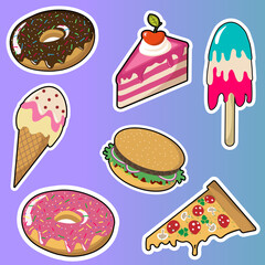 colored baked goods, slice of cake, donut, ice cream, pizza and burger. Icon set.
