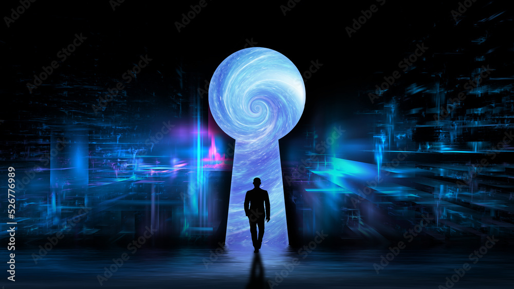 Poster path to digital technology. the silhouette of a successful man in the keyhole. the businessman is ma