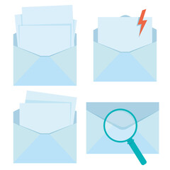 Set of blue envelopes for letters closed and open with sheets of paper and a magnifying glass
