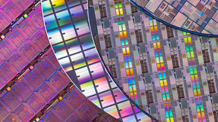 Silicon Wafers with microchips used in electronics for the fabrication of integrated circuits - obrazy, fototapety, plakaty