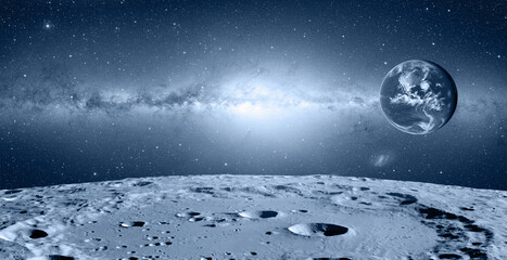Fototapeta na wymiar The Earth as Seen from the Surface of the Moon in the background milky way galaxy 