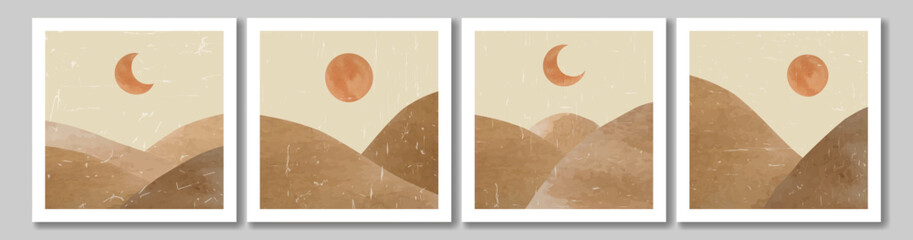 Vector landscape illustrations. Set of hand drawn artistic posters with grange. Landscape watercolor with sun and moon. Design for banner, cover, poster. 