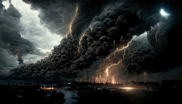 Heavy black smoke rising over burning city during fire