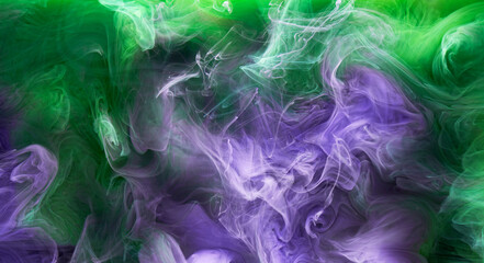 Green purple smoke abstract background, acrylic paint underwater explosion