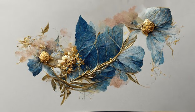 Golden and blue flowers and branches on light background