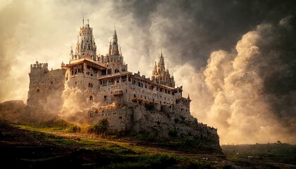 Fototapeta Gorgeous fortress on cliff in valley against dramatic sky obraz
