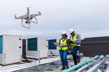 Industrial engineer use drone work on site . engineer visit and  inspection site engineer progress...