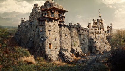 Medieval fortress town with towers and terraces in valley - obrazy, fototapety, plakaty