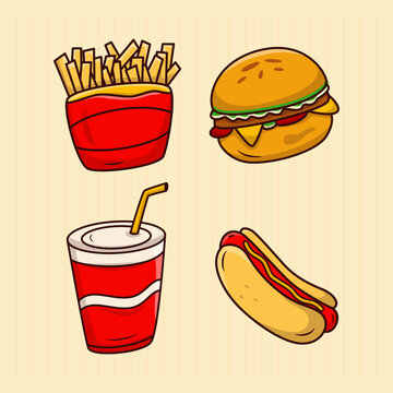 Set of fast food cartoon, burger, hot dog, french fries, soft drink illustration