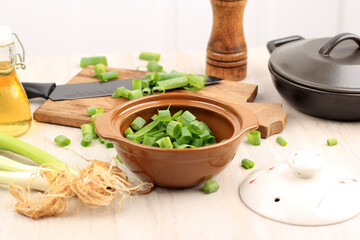 Chopped Green Onion in Ceramic Bowl