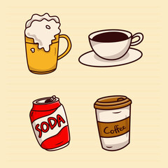 Set of fast food cartoon, Beer, coffe, tea, and soda illustration