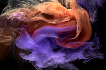 Blue orange multicolored smoke abstract background, acrylic paint underwater explosion