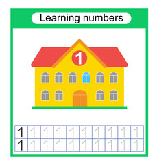 Educational material for kids. Preschool worksheet activity. Tracing dashed lines. Number worksheets for kids to practice writing the numbers. Number 1. Vector illustration. 
