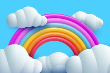Obraz premium 3d cartoon rainbow with white clouds on blue background. Minimal realistic design art element. Funny children toy. Glossy sweet decoration. Vector illustration.