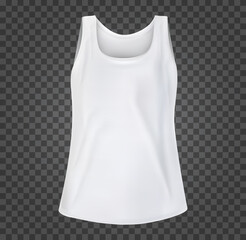 Realistic white sleeveless t-shirt base cloth isolated on transparent background. Blank mockup for branding man or woman fashion. Design casual template. 3d vector illustration.