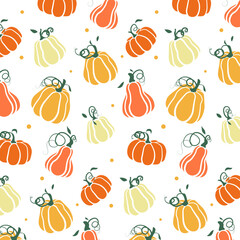 Autumn decorative seamless pattern with leaves and pumpkins with swirls, leaves. Bright autumn pattern with pumpkins. Seamless pattern for decoration, fabric, diary. vector illustration