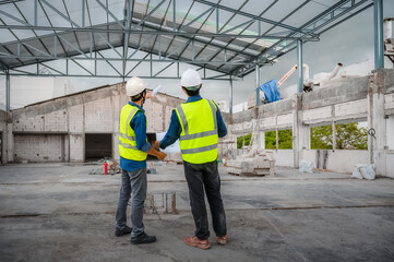 Civil engineer inspect structure at construction site against blueprint, Building inspector join inspect building structure with civil engineer. Civil engineer hold blueprint inspect building