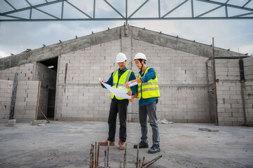 Civil engineer inspect structure at construction site against blueprint, Building inspector join inspect building structure with civil engineer. Civil engineer hold blueprint inspect building