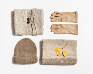Autumn warm clothes flat lay, knitted hat, wool scarf and suede gloves, beige sweater. Women knit wear