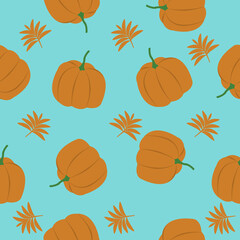 illustration of a seamless pattern of pumpkins and autumn leaves as a background for gift wrapping, a print for clothes and utensils, the concept of autumn and the holiday of halloween.  banners and a