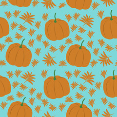 illustration of a seamless pattern of pumpkins and autumn leaves as a background for gift wrapping, a print for clothes and utensils, the concept of autumn and the holiday of halloween.  banners 