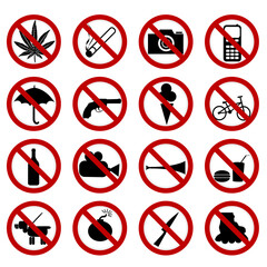 Set of prohibition signs for public events on white background