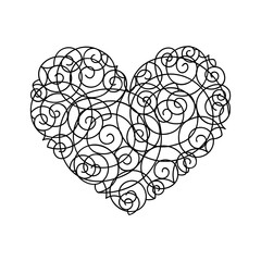 Monochrome illustration of abstract heart in sketch style. Hand drawings in art ink style. Black and white graphics.
