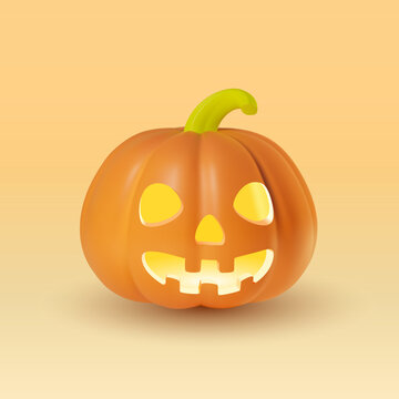 3D realistic funny smiling pumpkin with a cheerful face and a green stalk. Illustration of a cute orange vegetable with inner glow. Isolated vector clipart for Helloween