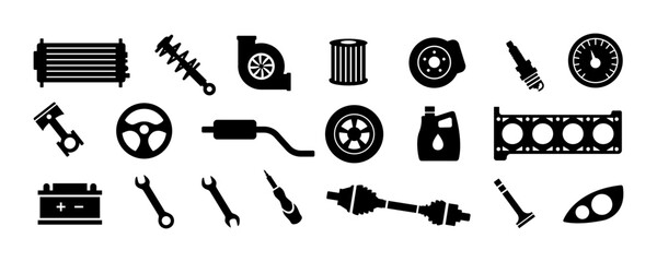Auto parts. Car spare parts. Set of vector black icons. Big set of spare parts. Vector clipart isolated on white background.