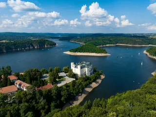 Foto op Canvas Czechia, Orlik Castle and Vltava River Aerial View. Czech Republic. Beautiful Summer Green Landscape with Orlík Water Reservoir and Boats. View from Above.  © Curioso.Photography