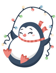 Cute penguin jumping over the Christmas lights. Cute children's illustration for a New Year's greeting 
