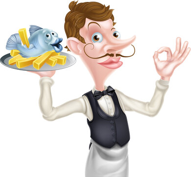 Cartoon Butler Holding Fish and Chips