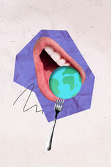 Vertical composite collage of human mouth teeth biting eat fork hold small planet earth globe...