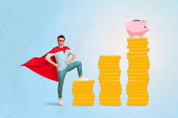 Composite collage image of confident superman pile stack money coins pig bank isolated on painted background