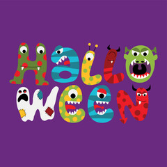 Handmade Halloween word, monsters alphabet illustration