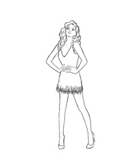 A young woman with long wavy hair stands and poses. A slender girl in a cocktail short dress and high-heeled shoes. Illustration