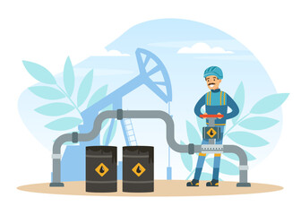 Oil or Petroleum Industry with Man Character in Blue Uniform Working with Pipeline Vector Illustration