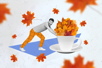 Photo of white black person wear striped t-shirt yellow drawn trousers moving cup with autumn...