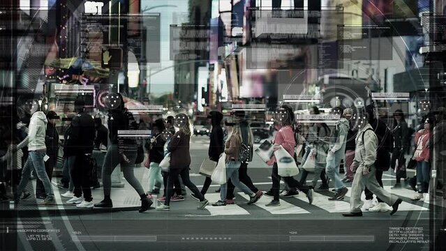 Surveillance Footage of Anonymous People Walking on Crosswalk in Busy Urban City Street. Big Data Analysis. Computer Interface Showing Fake Data of the Crowd. Face Recognition.