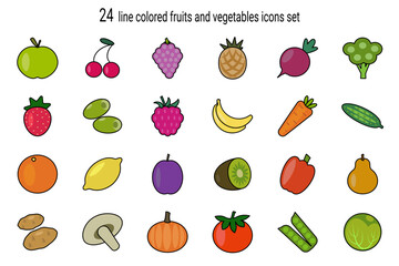 24 line colored fruits and vegetables icons set