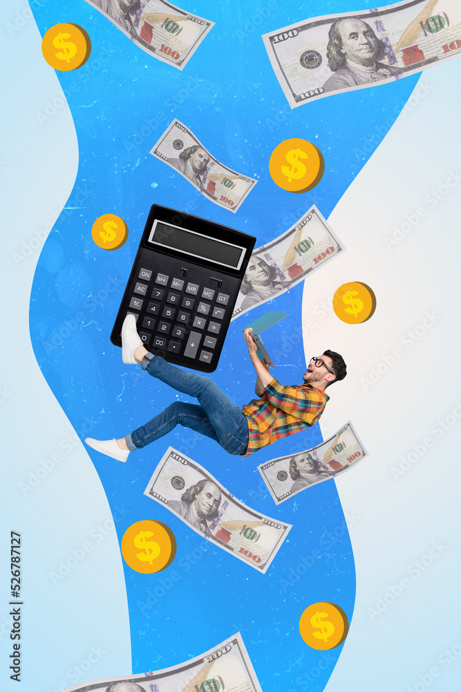 Poster vertical collage picture of excited successful guy flying use netbook dollar banknotes coins calcula