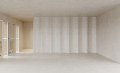 Empty spase, concrete room with concrete decorative wall panel and stairs. Interior background and 3d render,  ocean view from the panoramic braided window