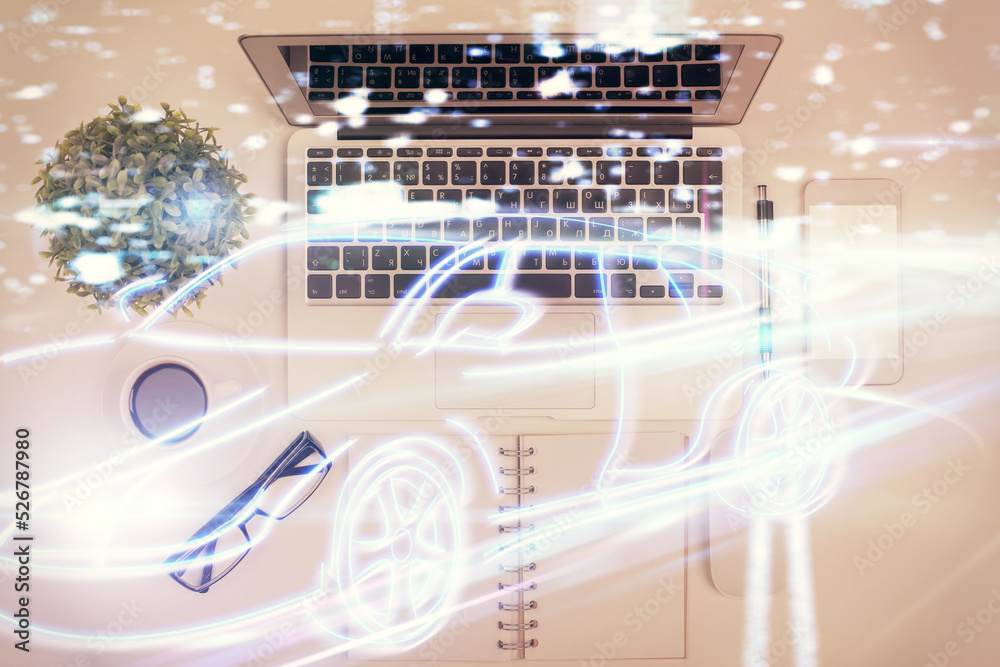 Poster Auto pilot hologram drawing over computer on the desktop background. Top view. Double exposure. Tech concept.