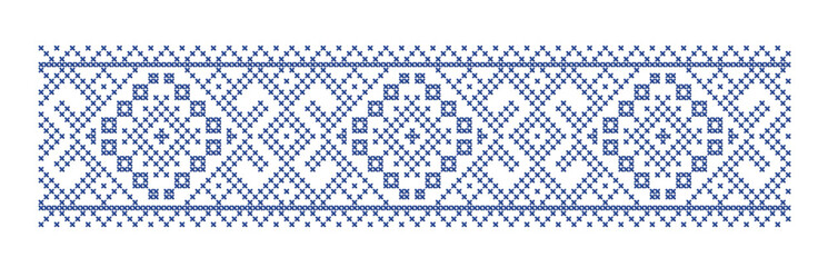 Ukrainian folk art vector seamless pattern. Vyshyvanka. Traditional blue ornament from Eastern Europe. Geometric patterns on a white background. For tablecloth, dress, skirt, textile design.