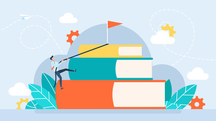 A man climbs to the top of a mountain of books. Education, teamwork, learning via reading. Characters studying, self development and goal achievement. Flat style. Illustration